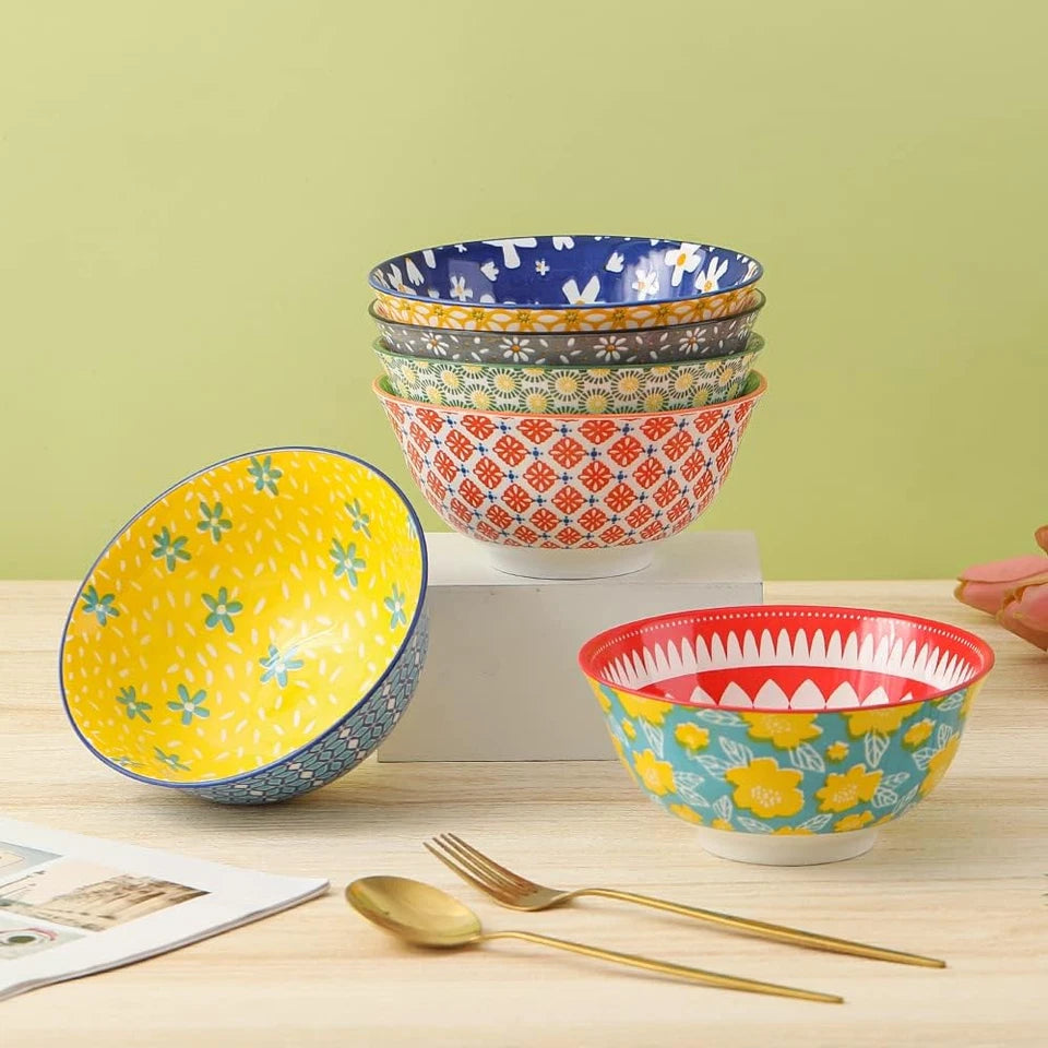 Porcelain Soup Cereal Bowls Set - Ceramic Bowls for Kitchen 23 Oz - 6 Colorful P