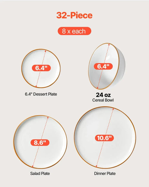Dinnerware Set Service for 8 (32 PCS) round Plates and Bowls Sets Scratch Resist